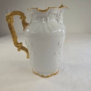 Vintage Hand Painted Porcelain Pitcher Gold Trim Embossed White 93 Florine Steel